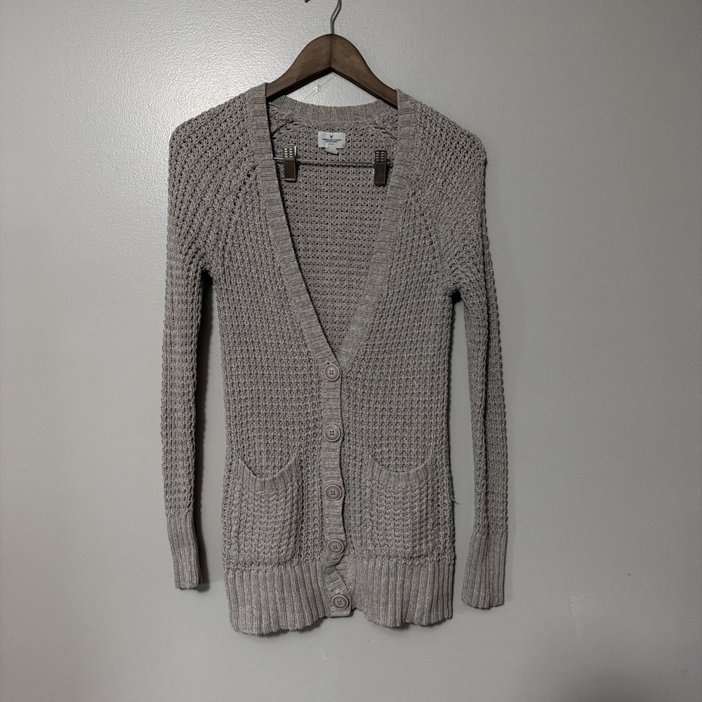 American Eagle Open Knit Cotton Cardigan Gray Small Preppy Academia Minimal